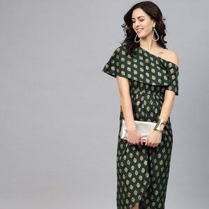 Designer Indian Dhoti Dress For Women, Foil Print One Shoulder Indian Dress